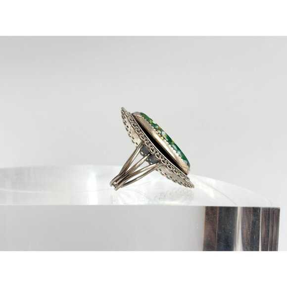 Beau Sterling Green Jasper Lace Framed 925 Sterling Silver Vintage Ring - sz 7 - Picture 13 of 15
